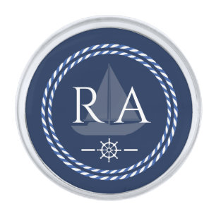Nautical Rope Monogram Navy Silver Finish Lapel Pin