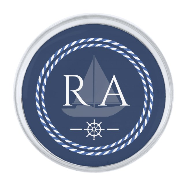 Nautical Rope Monogram Navy Silver Finish Lapel Pin (Front)