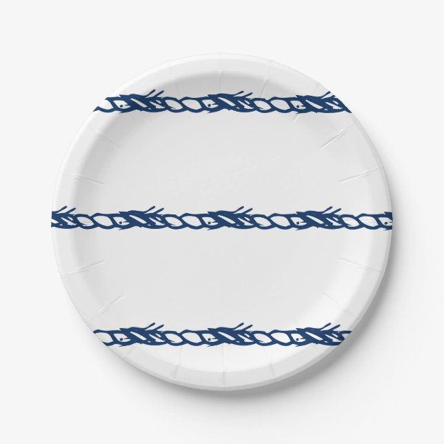 Nautical rope navy blue white pattern party paper plates (Front)