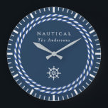 Nautical Rope Navy Large Clock<br><div class="desc">Nautical rope and steering wheel design.</div>