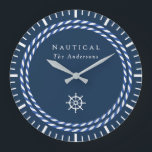 Nautical Rope Navy Large Clock<br><div class="desc">Nautical rope and steering wheel design.</div>