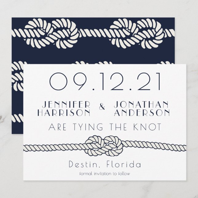 Nautical Rope Navy White Beach Wedding Typography Save The Date (Front/Back)