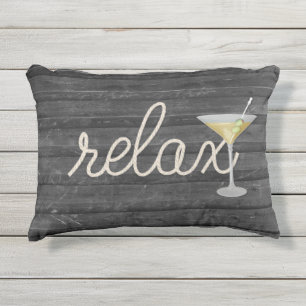 nautical rope on black with martini and relax text outdoor pillow