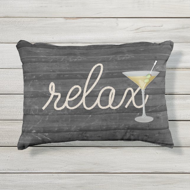 nautical rope on black with martini and relax text outdoor pillow (Front)