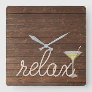 nautical rope on teak with martini and relax text square wall clock
