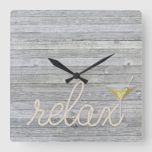 nautical rope on wood with martini and relax text square wall clock