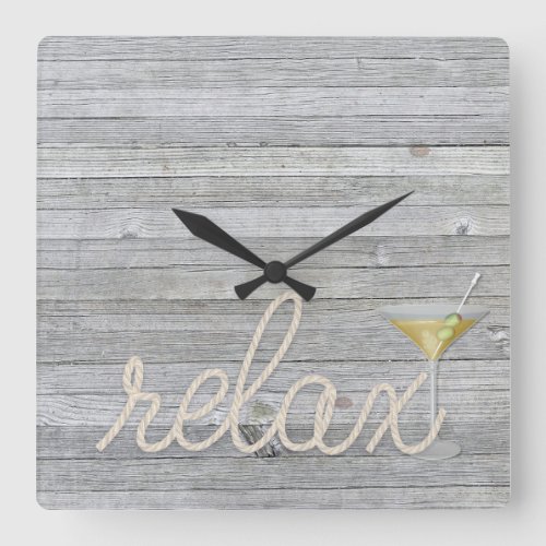 nautical rope on wood with martini and relax text square wall clock