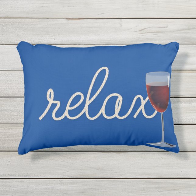 nautical rope "relax" with red wine glass outdoor pillow (Front)
