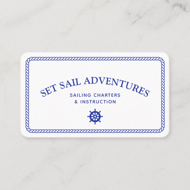 Nautical Rope Sailing Ship Helm Navy White Business Card (Front)