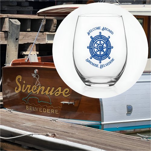 Nautical Rope Ship Wheel Boat Name Welcome Aboard  Stemless Wine Glass