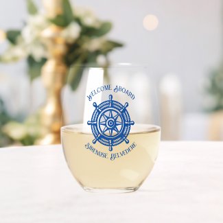 Nautical Rope Ship Wheel Boat Name Welcome Aboard Stemless Wine Glass