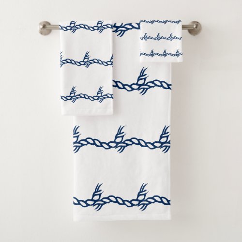 Nautical rope waves navy Blue white pattern Bath Towel Set