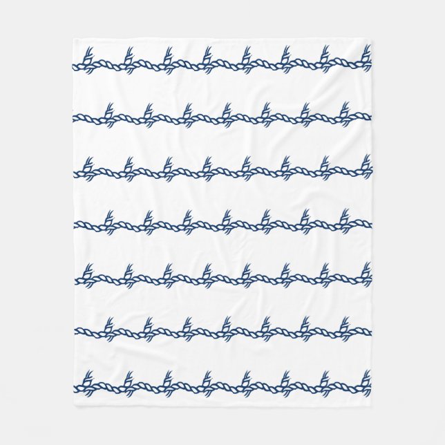 Nautical rope waves navy blue white pattern fleece blanket (Front)