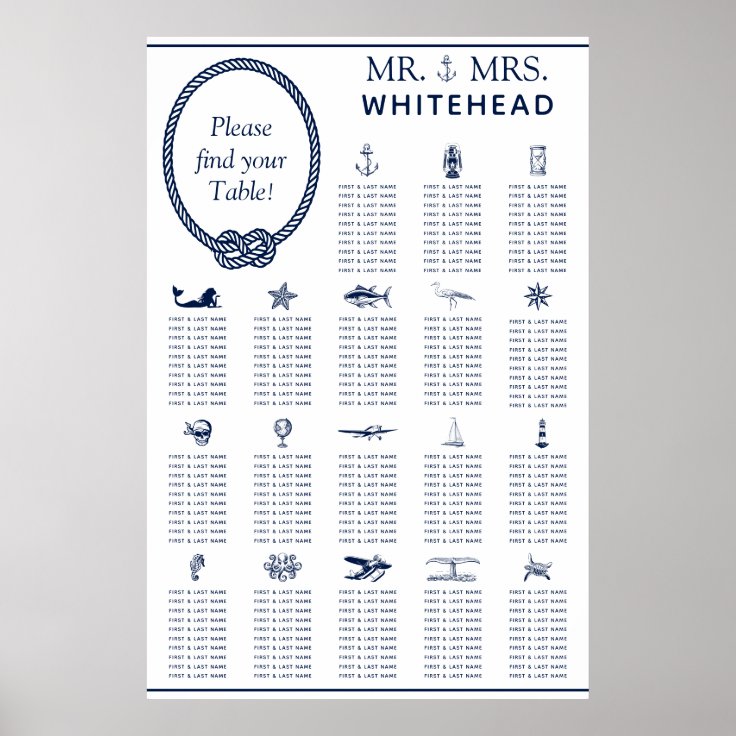 Nautical Rope Wedding Seating 18 Table Chart | Zazzle