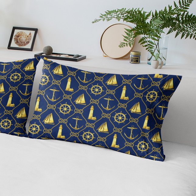 Nautical Rope with Knots Navy Blue Gold Pillow Case (Creator Uploaded)