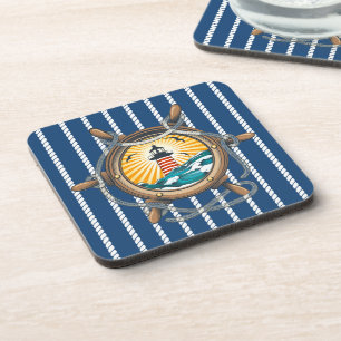 Nautical Ropes & Boat Wheel Beverage Coaster