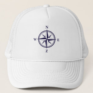 Nautical rose compass star navy blue boating trucker hat