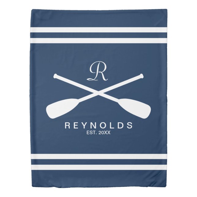 Nautical rowing oar custom family name monogram duvet cover (Front)