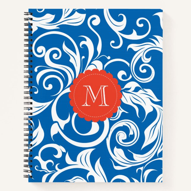 Nautical Royal Blue Red Wallpaper Swirl Monogram Notebook (Front)