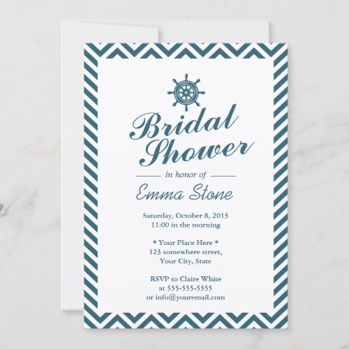 Nautical Rudder Blue Chevron Stripes Bridal Shower Invitation