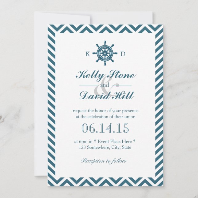 Nautical Rudder Blue Chevron Stripes Wedding Invitation (Front)