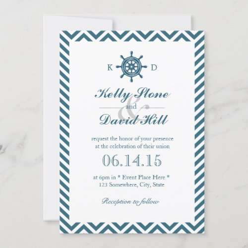 Nautical Rudder Blue Chevron Stripes Wedding Invitation