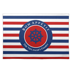 Nautical Rudder Navy Blue Red White Stripes Cloth Placemat
