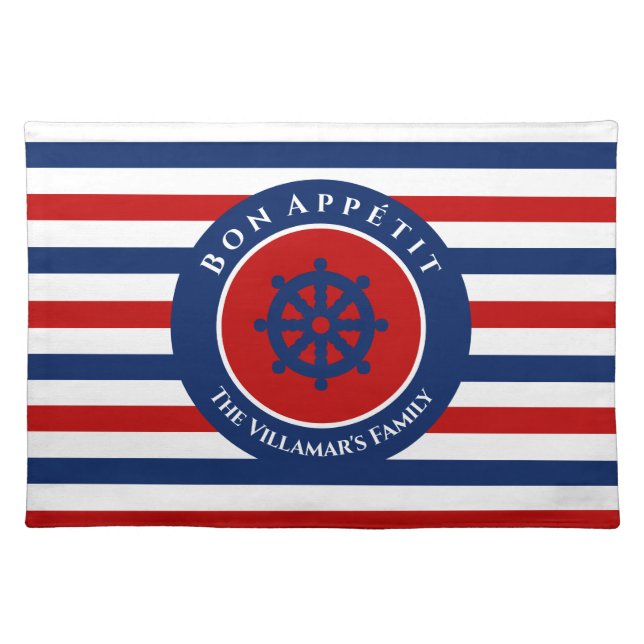 Nautical Rudder Navy Blue Red White Stripes Cloth Placemat (Front)