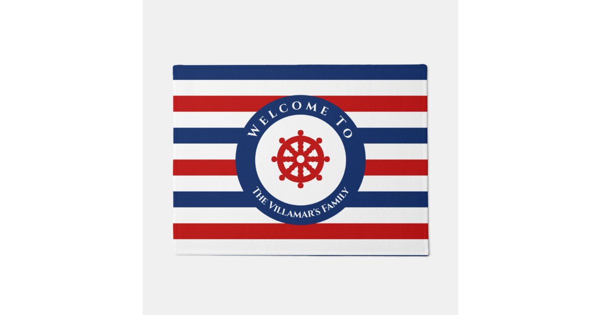 Natucial Rutter Nautical Rudder Navy Blue Red White Stripes Doormat | Zazzle
