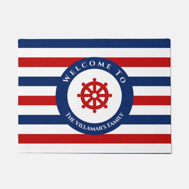 Nautical Rudder Navy Blue Red White Stripes Doormat (Front)