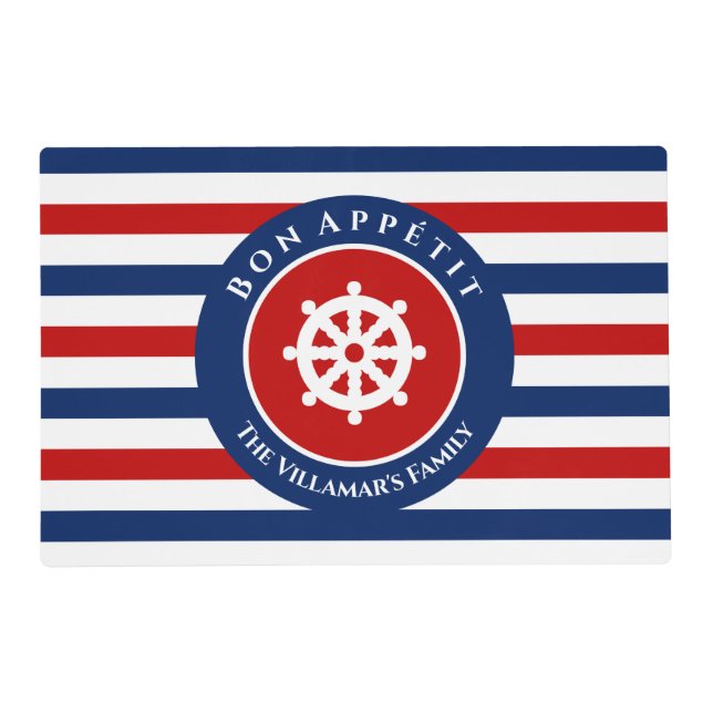 Nautical Rudder Navy Blue Red White Stripes Placem Placemat (Front)
