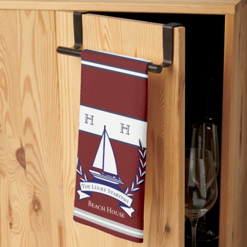 Nautical Rust Red Navy Blue Sailboat Monogram Name Kitchen Towel