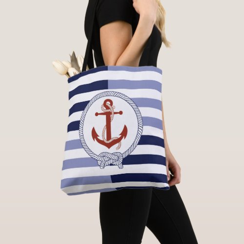 Nautical rust red ship anchor navy blue stripe tote bag