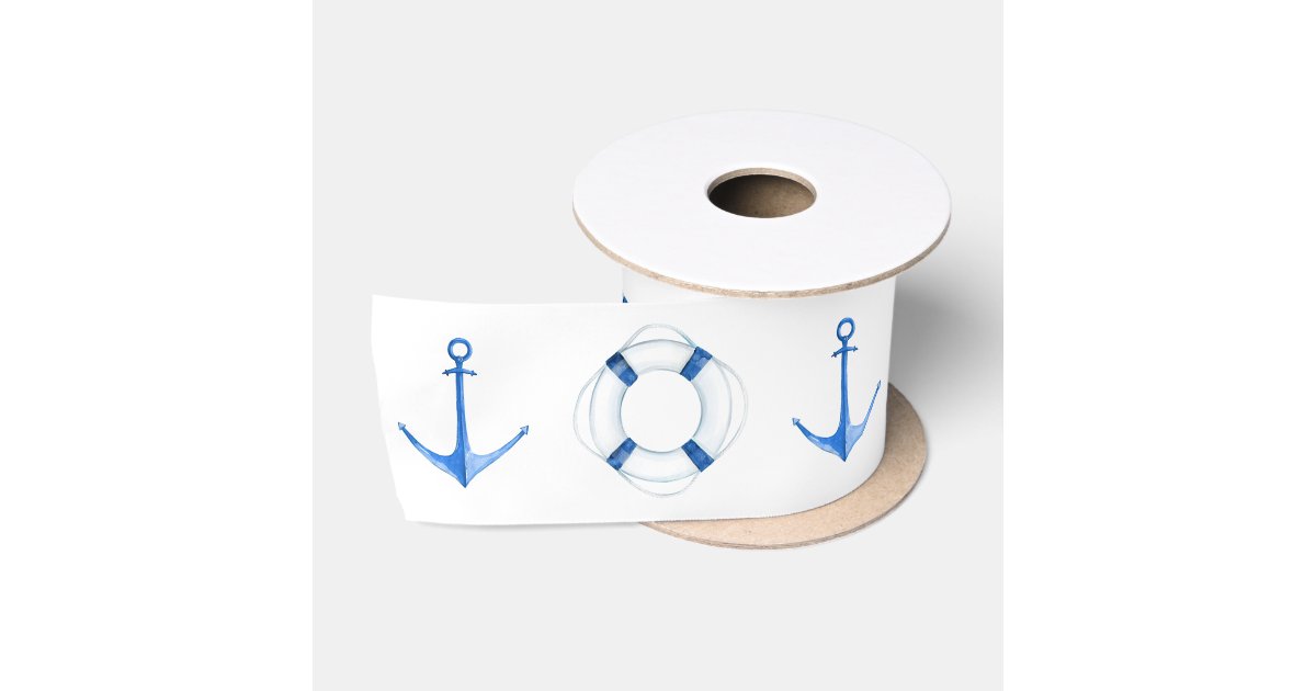 Nautical Rustic Blue Boat Anchor and Life Buoy Satin Ribbon | Zazzle