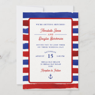 Nautical Rustic Red Blue Stripe Watercolor Wedding Invitation