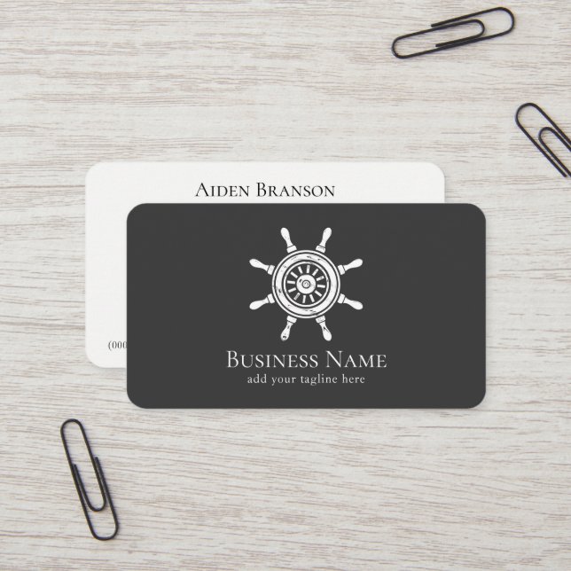 Nautical Rustic Ship Wheel Boat Captain Boating Business Card (Front/Back In Situ)