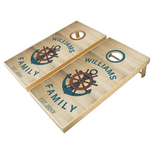 Nautical Rustic Themed Blue Anchor Family Cornhole Cornhole Set
