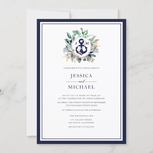 Nautical Rustic Watercolor Navy Anchor Wedding Invitation
