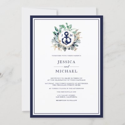 Nautical Rustic Watercolor Navy Anchor Wedding Invitation