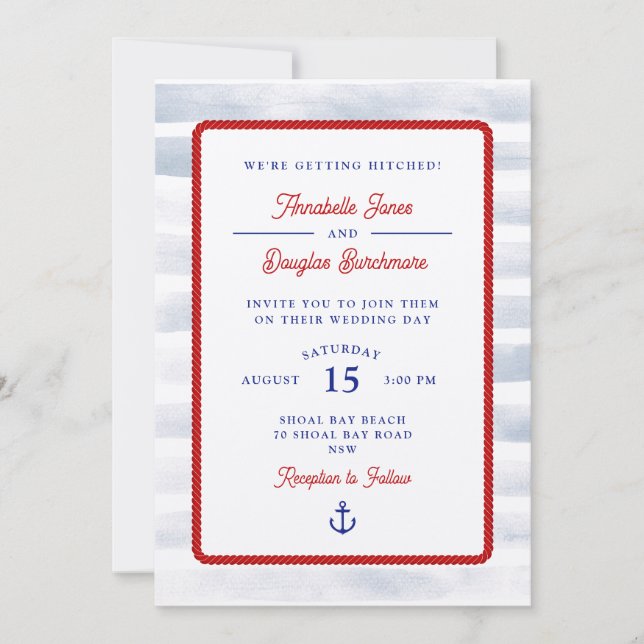 Nautical Rustic White Stripe Watercolor Wedding Invitation (Front)
