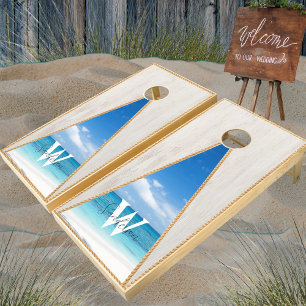 Nautical Rustic White Wood Tone Beach Monogram Cornhole Set
