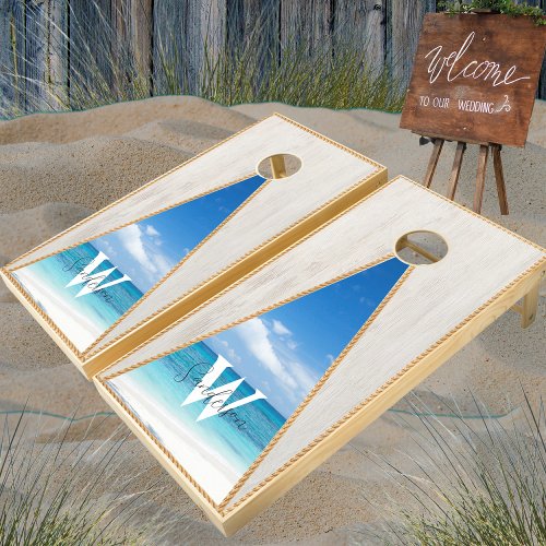 Nautical Rustic White Wood Tone Beach Monogram   Cornhole Set