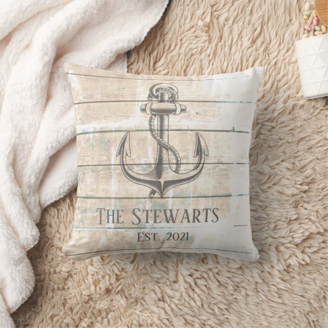 Nautical Rustic Wood Anchor Beach House Family   Throw Pillow (Blanket)