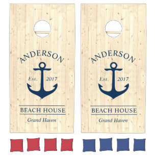 Nautical Rustic Wood Anchor Beach House Name Cornhole Set