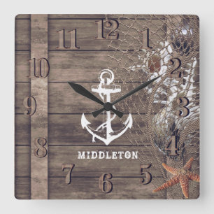 Nautical Rustic Wood Square Wall Clock