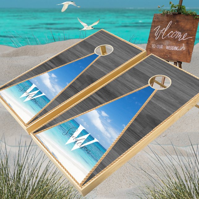 Nautical Rustic Wood Tone Beach Family Name Gray  Cornhole Set (Creator Uploaded)