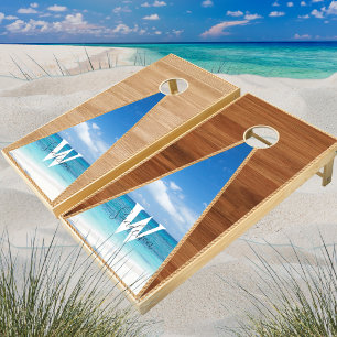 Nautical Rustic Wood Tone Beach Monogram Name Cor Cornhole Set
