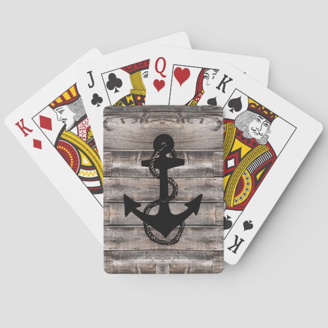 nautical rustic wooden ANCHOR + rope | Poker Cards (Back)