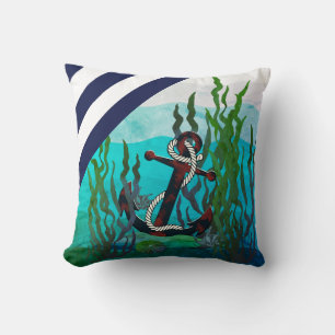 Nautical rusty black anchor/under seaweed/shells throw pillow