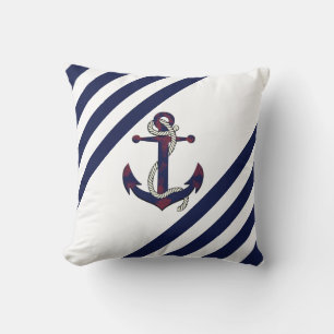 Nautical rusty blue anchor/rope/blue/white stripe throw pillow